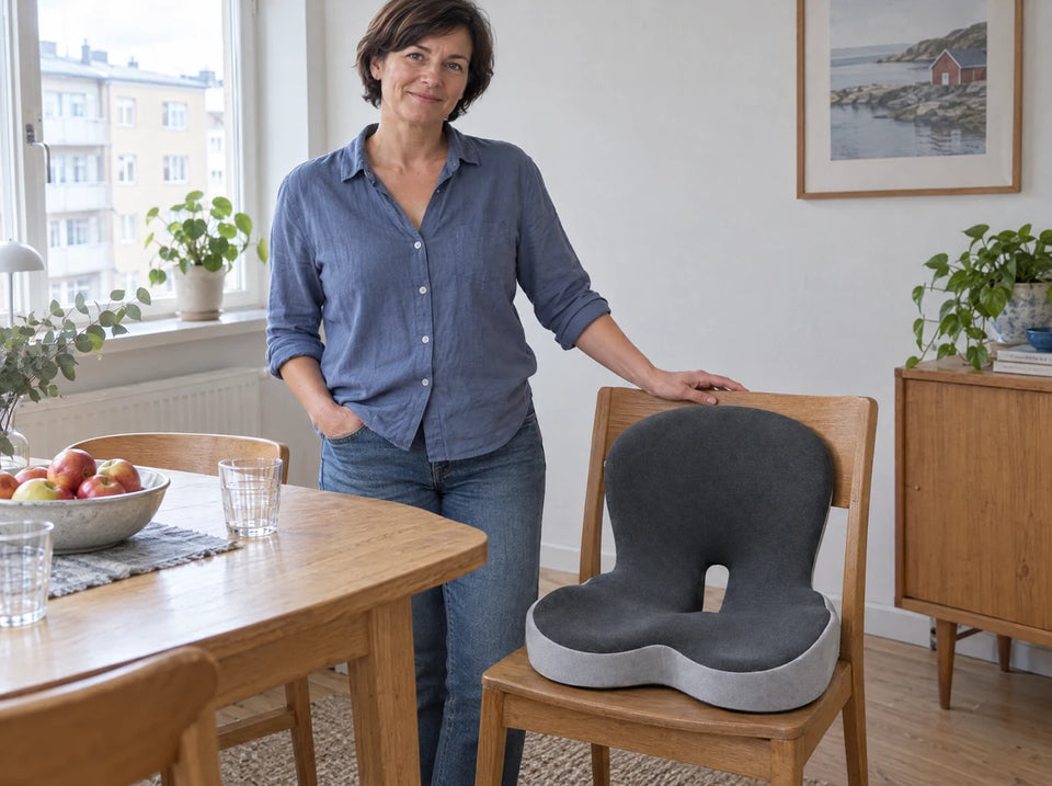 Illustration af en kvinde ved et spisebord med sædepuden på en træstol.