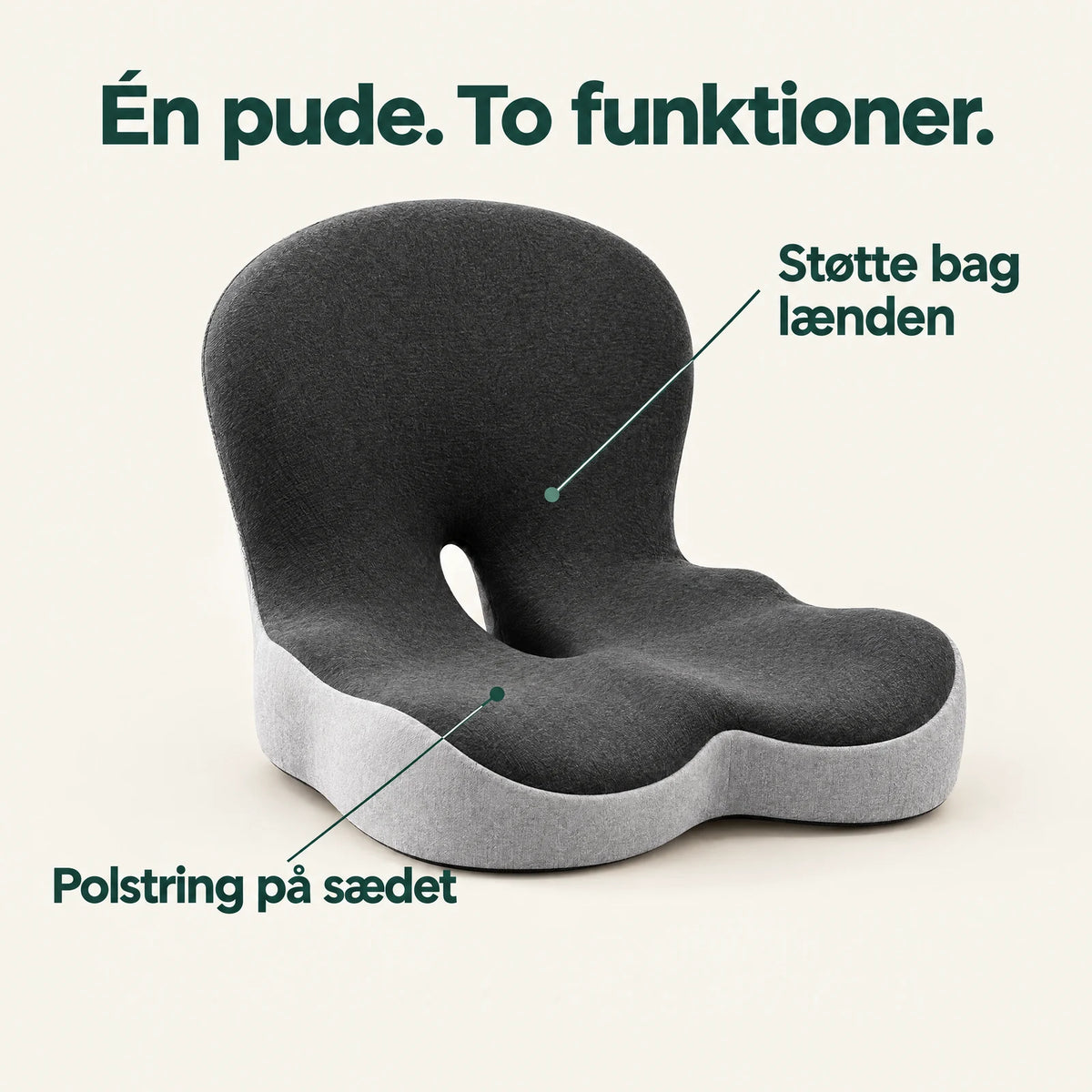 Rolig-sædepuden med markering af den integrerede rygstøtte bag lænden og den polstrede siddeflade.