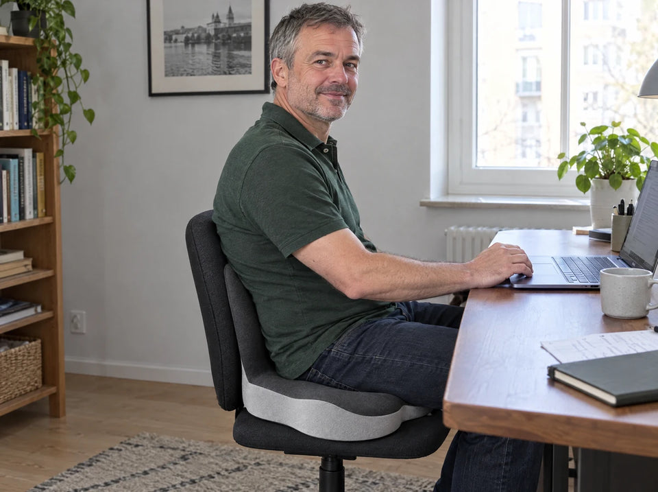Illustration af en mand, der bruger sædepuden på en kontorstol ved sit skrivebord.