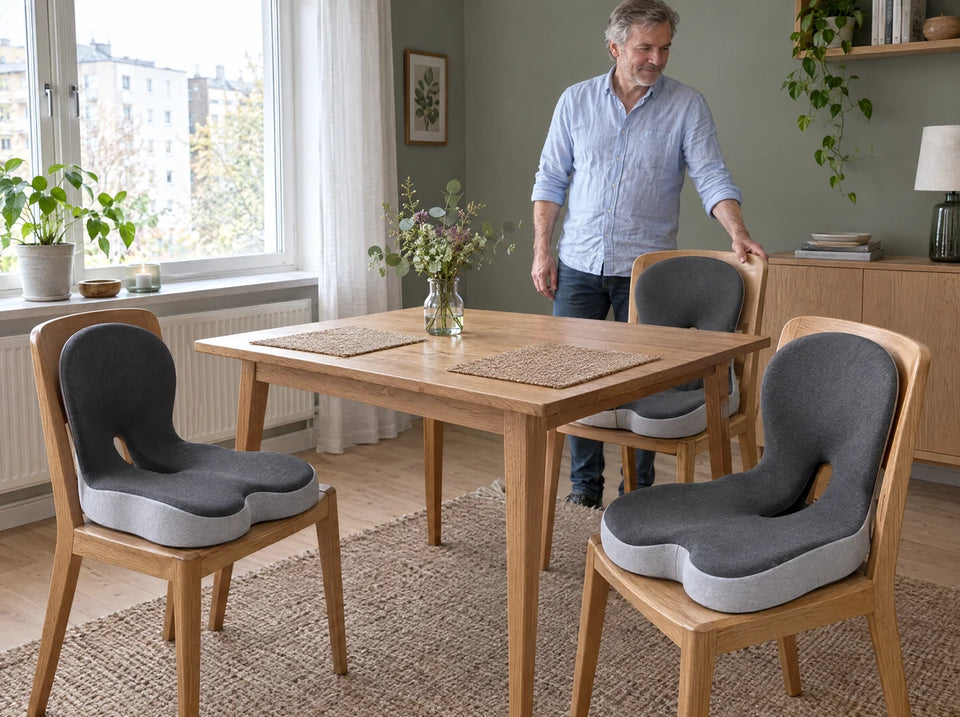 Illustration af tre ens sædepuder på tre stole omkring et spisebord.