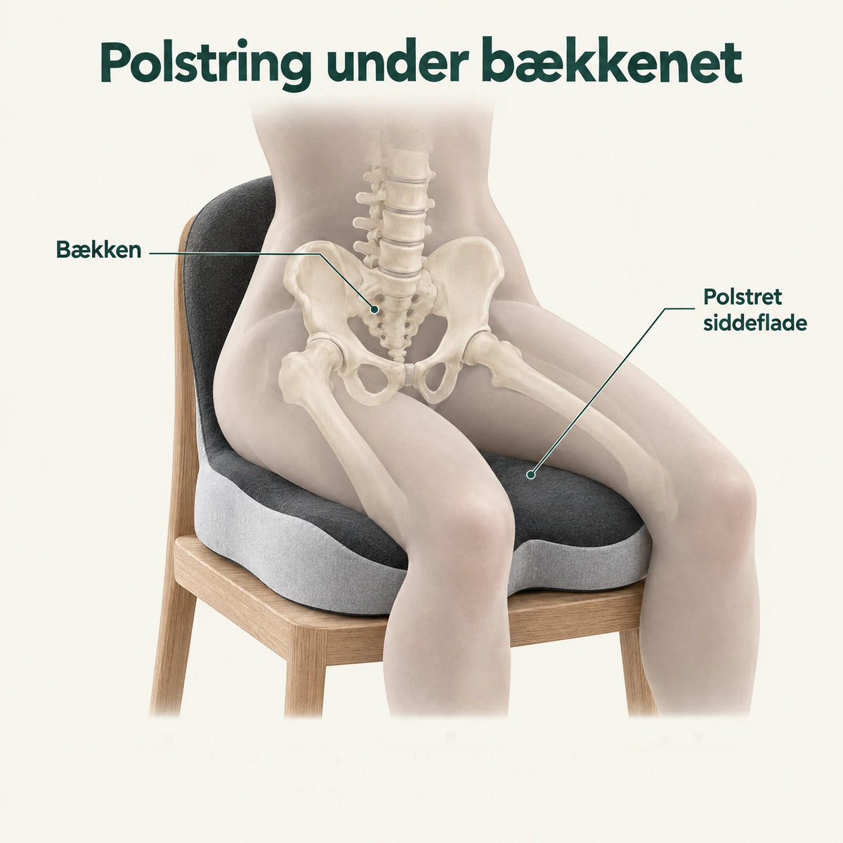 Anatomisk illustration af bækkenet over Roligs polstrede siddeflade på en træstol. Knoglerne er vist skematisk inde i kroppen.