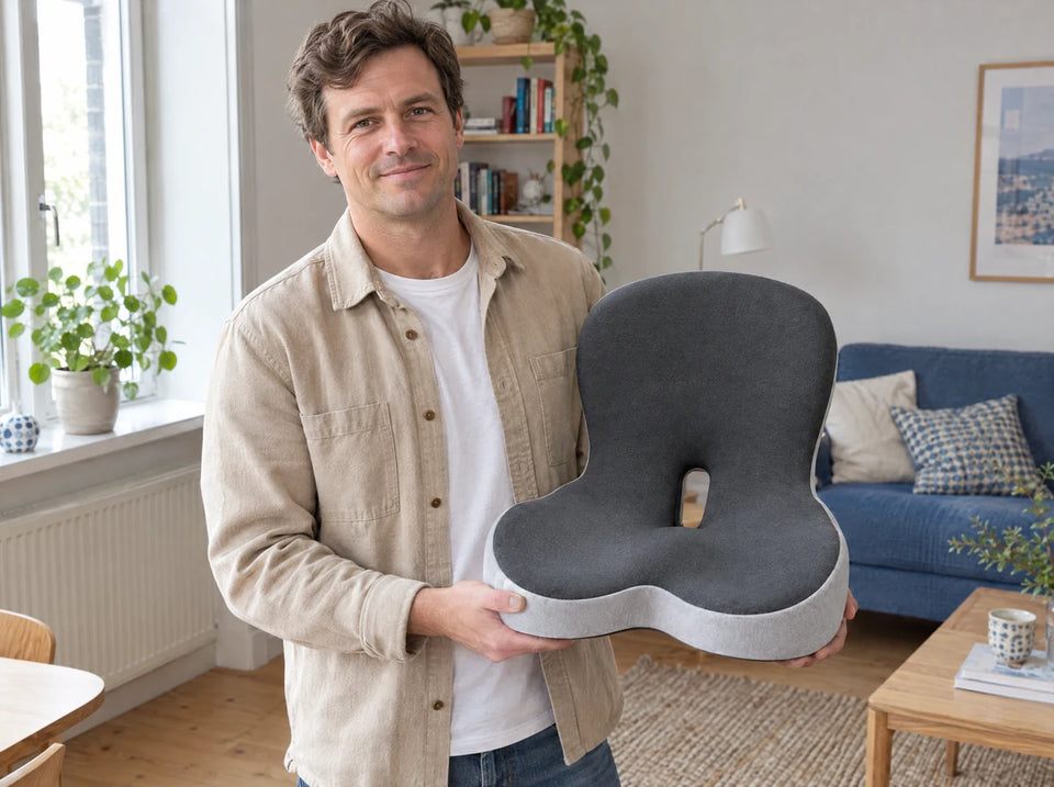Illustration af en mand, der holder sædepuden, så formen og åbningen kan ses.