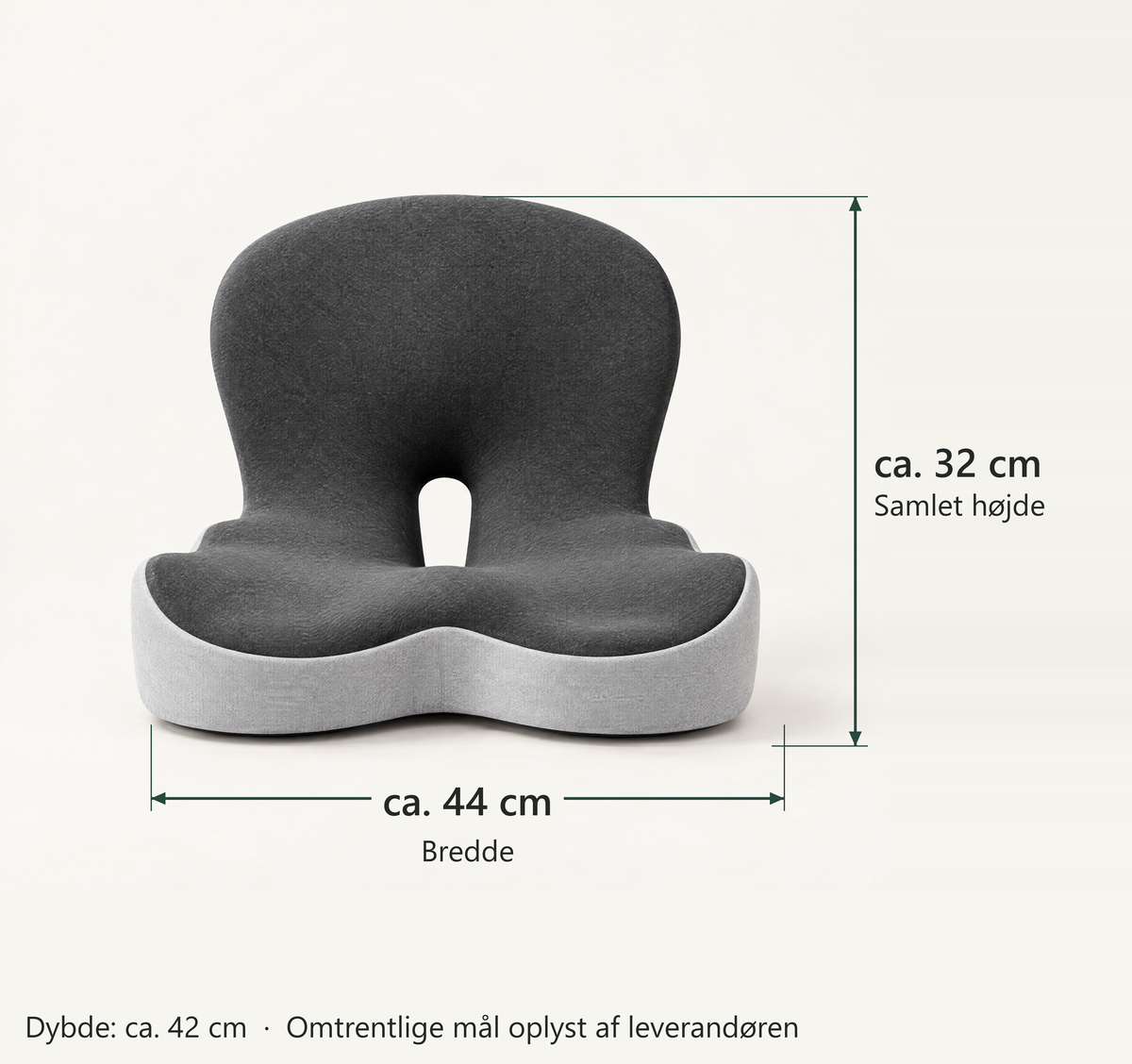 Måltegning af sædepuden: bredde ca. 44 cm, samlet højde ca. 32 cm, dybde ca. 42 cm (oplyst af leverandøren).